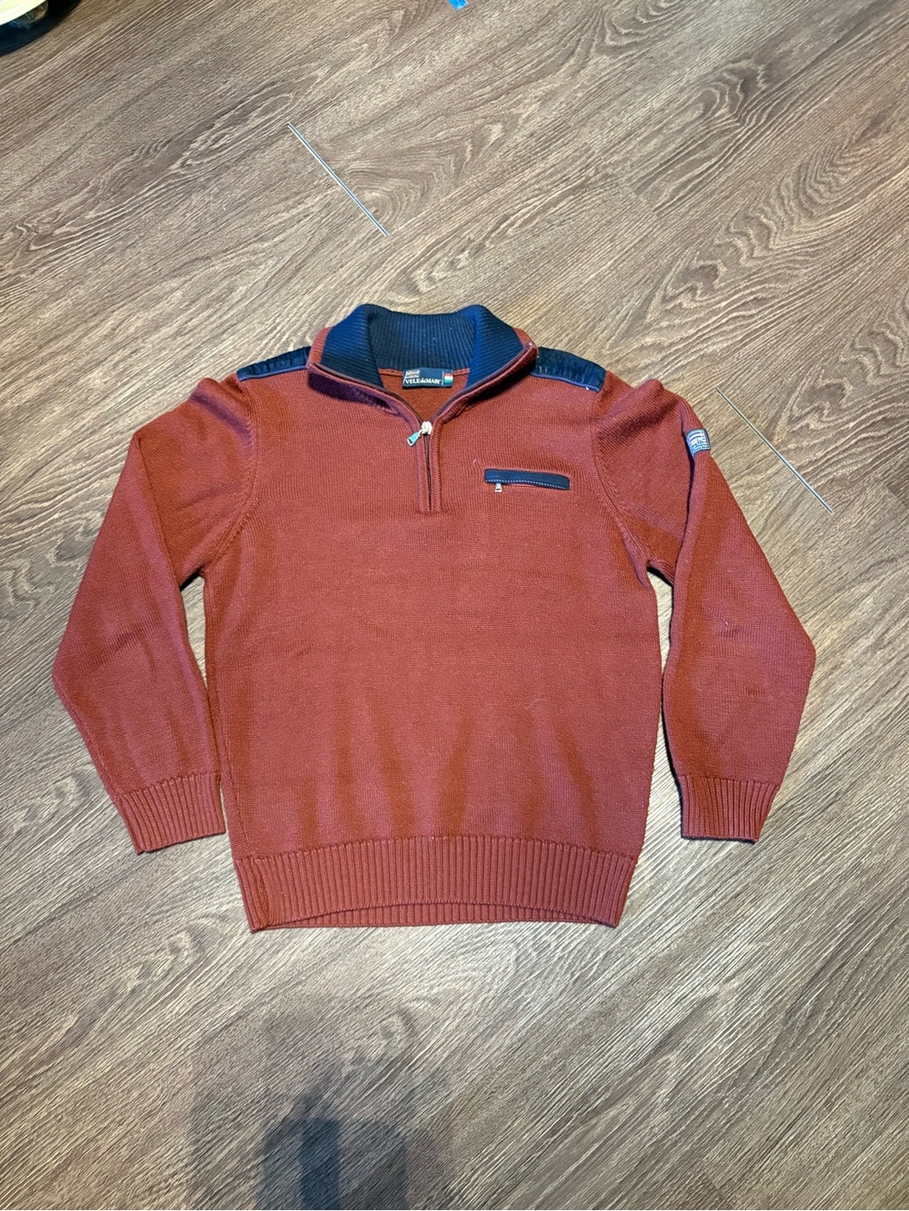 Men's Quarter-Zip Sweater in Rust with Contrast Navy Trim